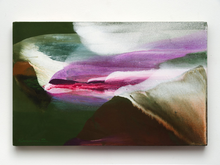 abstract painting in green, pink, white, purple, brown