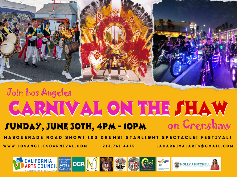 Join Los Angeles Carnival on the Shaw ( On Crenshaw) Event taking place Sunday, June 30th from 4PM to 10PM. Come see Masquerade road show! 100 Drums! Starlight Spectacle! and the LA Carnival Festival!