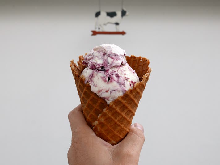 Yuzu ice cream with boysenberry at Ginger’s Divine Ice Creams | Photo by Joshua Lurie