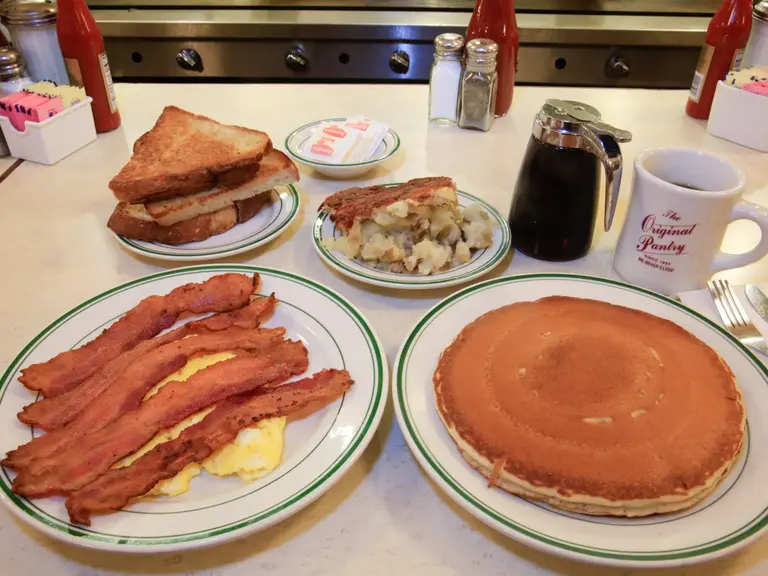 Pancakes, bacon and eggs at The Original Pantry