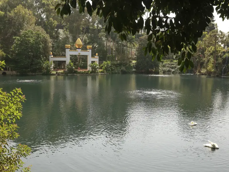Golden Lotus Temple and swans at the Self Realization Fellowship Lake Shrine