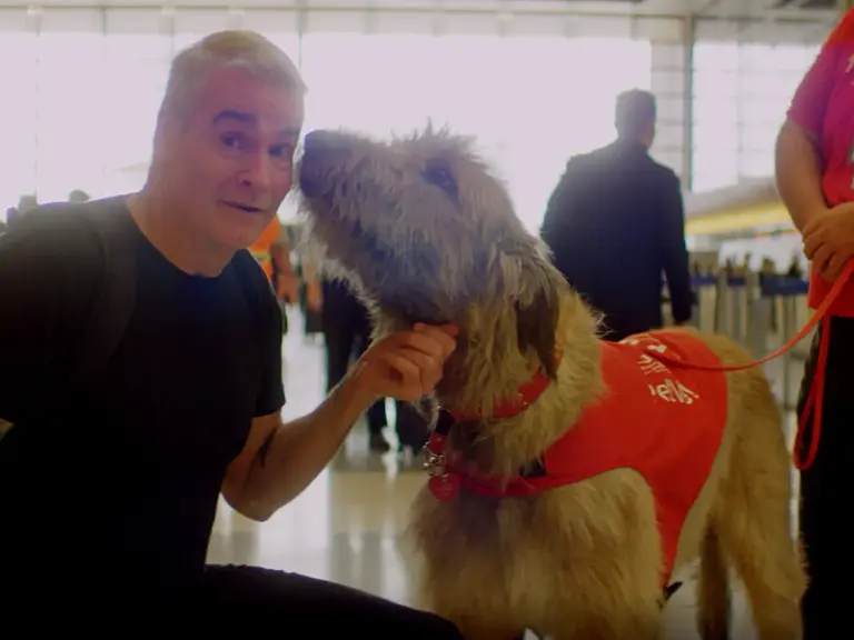 Henry Rollins gets a warm welcome from a PUP Program dog at LAX