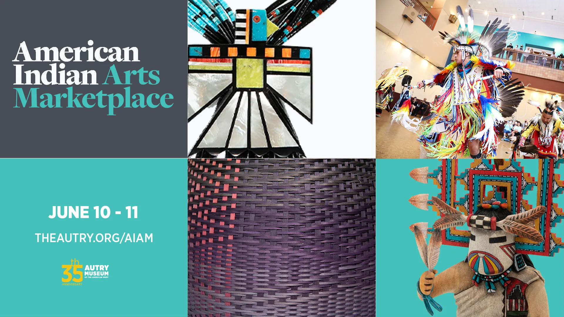 Rectangular image with six squares, two featuring the American Indian Arts Marketplace name, dates, and location, and four featuring images of artworks and partners from the Marketplace.