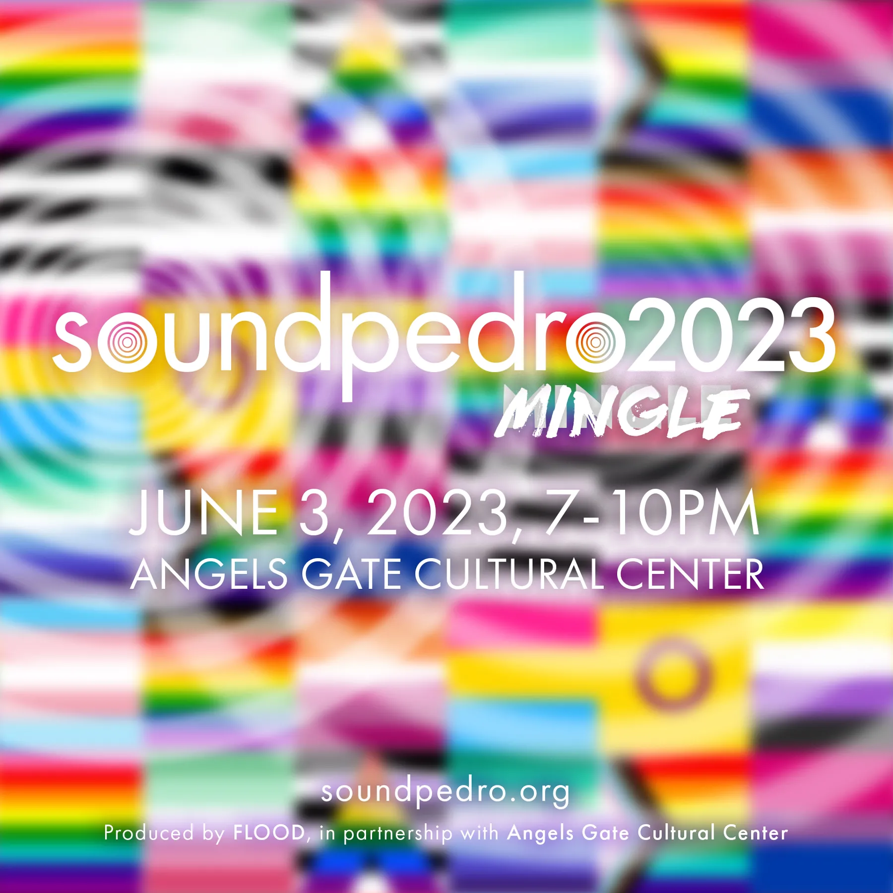 soundpedro2023 MINGLE white logo centered over a blurred grid of bright pride flags with light concentric circle overlays conveying sonic ripples.