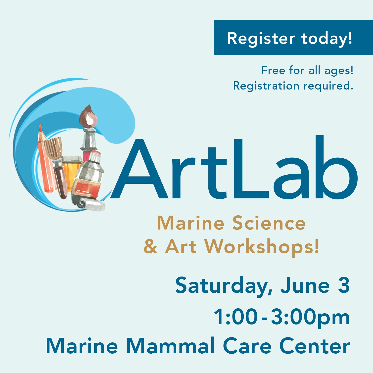ArtLab logo with paintbrushes and cyan blue swirling wave over light blue background.  June 3, 1-3pm at Marine Mammal Care Center.