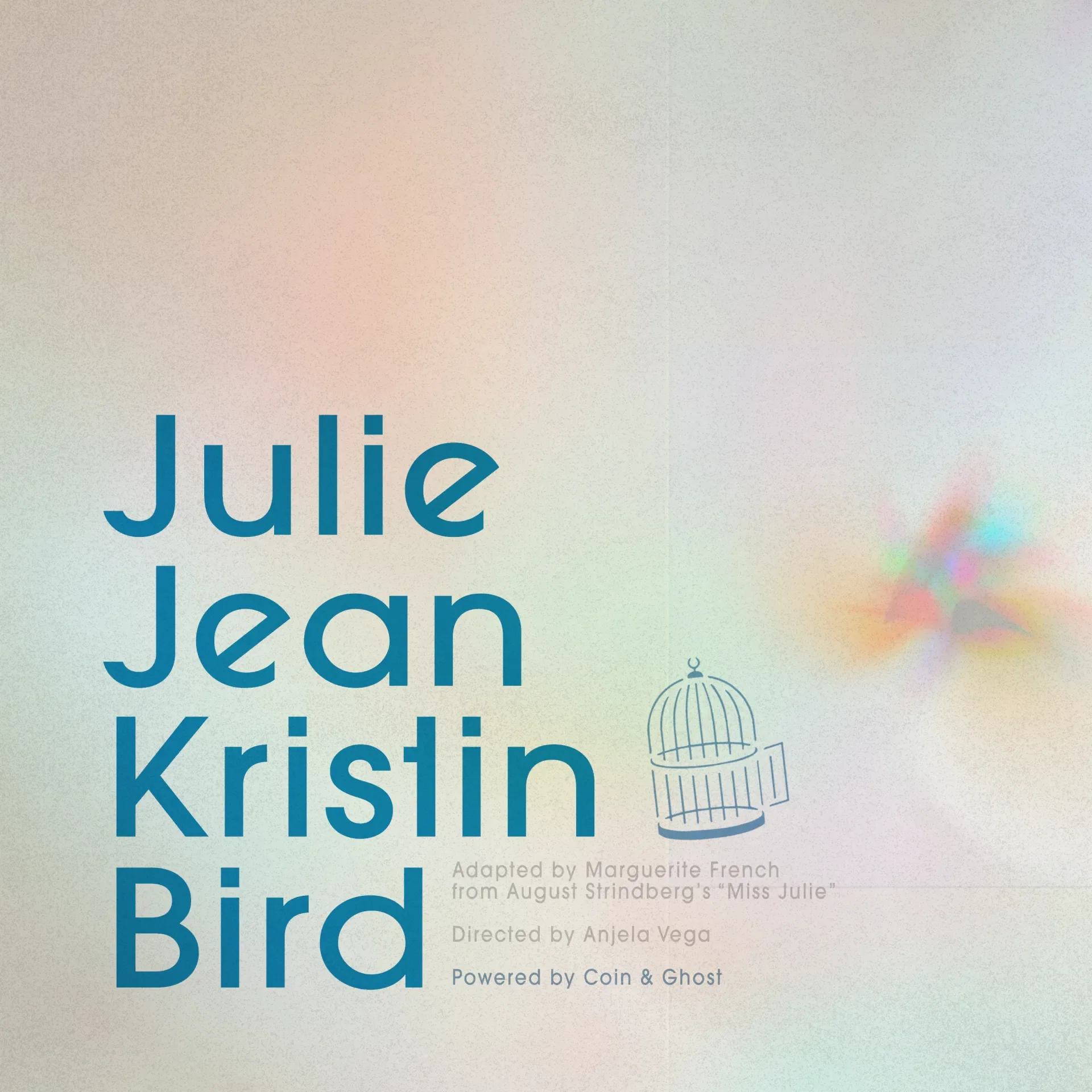 A light, prismatic background. In the foreground, a dark blue, nordic minimalist font reads: "Julie Jean Kristin Bird." To its right, an open cage.