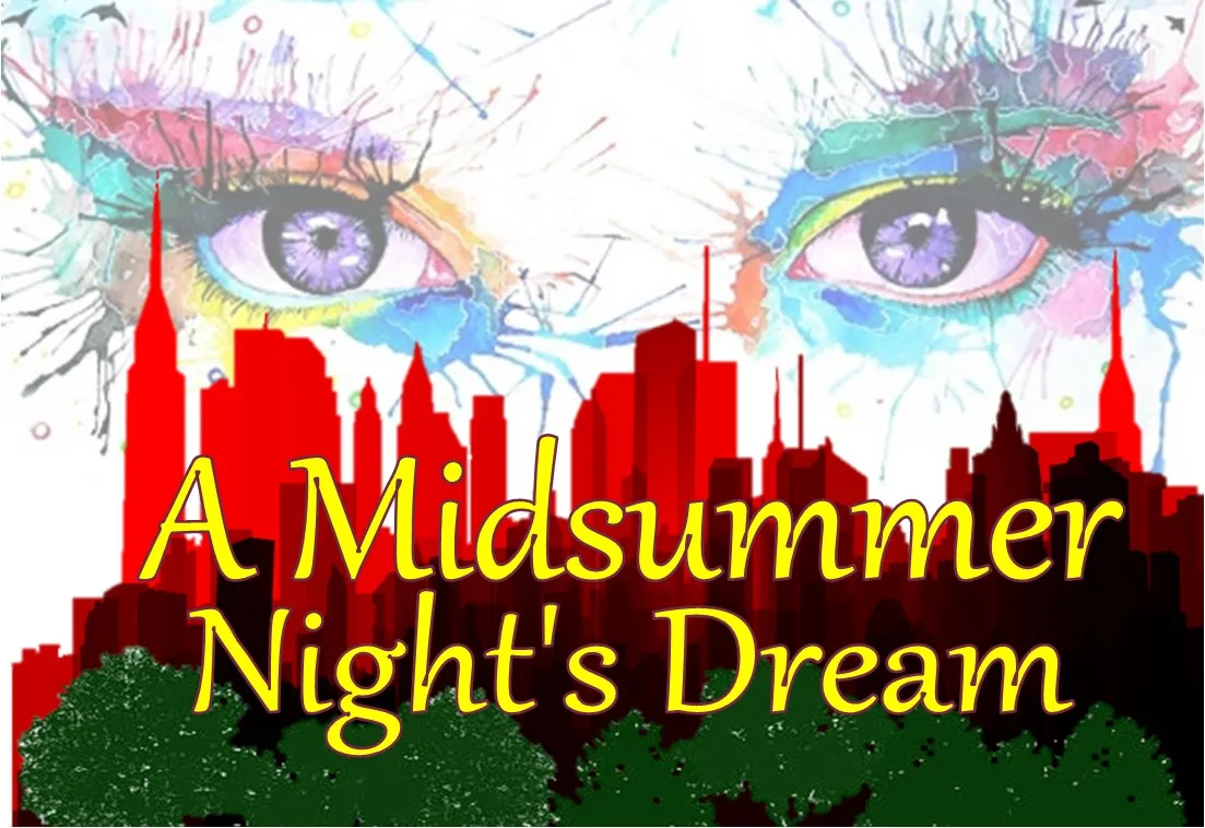 Fairy eyes overlook a cityscape with trees in the foreground. "A Midsummer Night's Dream"