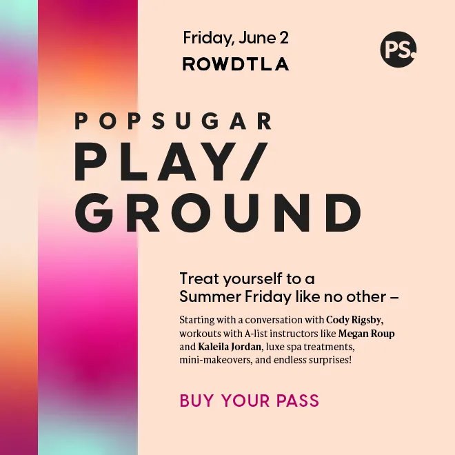 Flyer on a light peach background reads "Friday, June 2 pop sugar playground - treat yourself to a Friday like no other