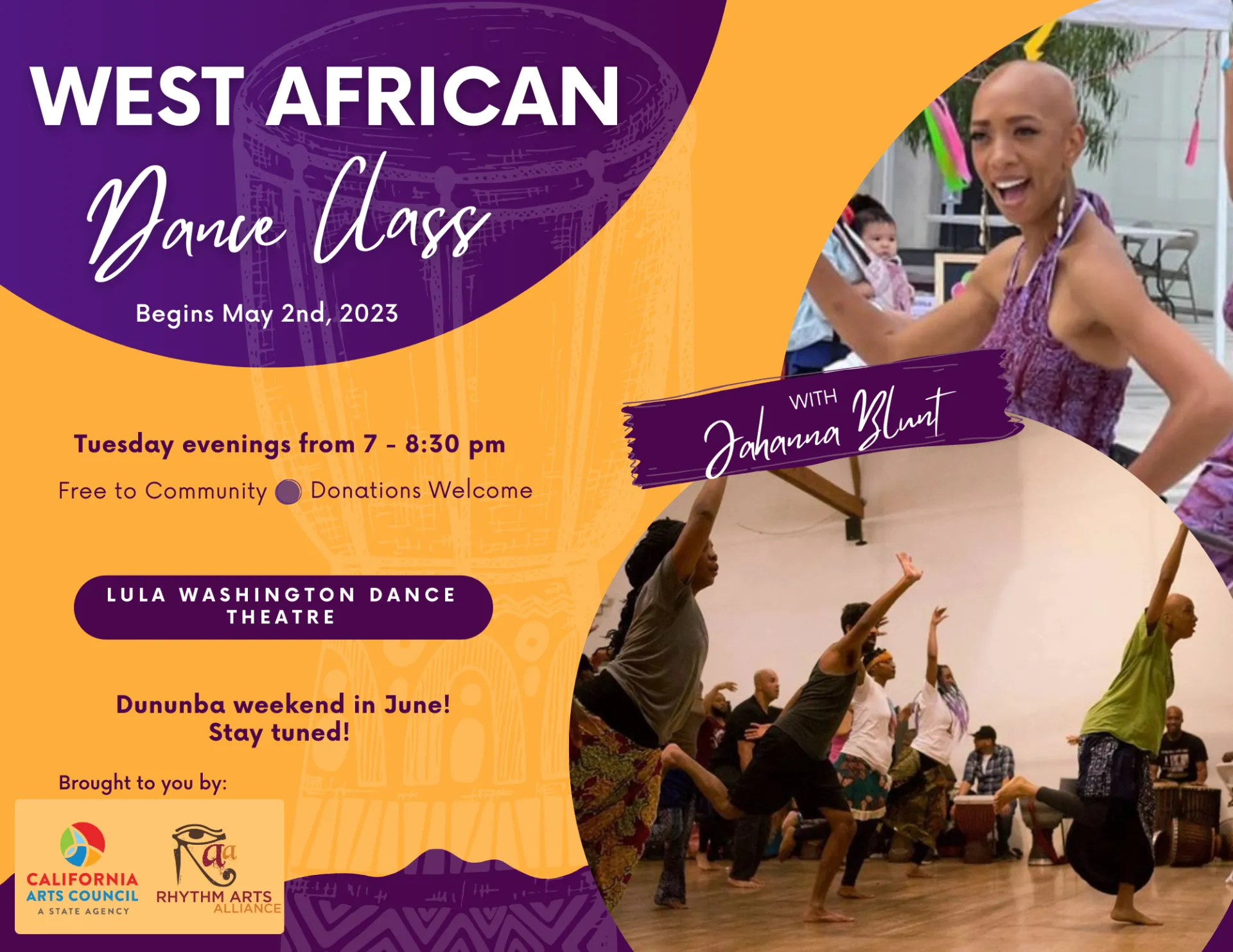 Flyer for Community Dance Class features a picture of Jahanna Blunt and a picture of Jahanna dancing with students in a dance studio.