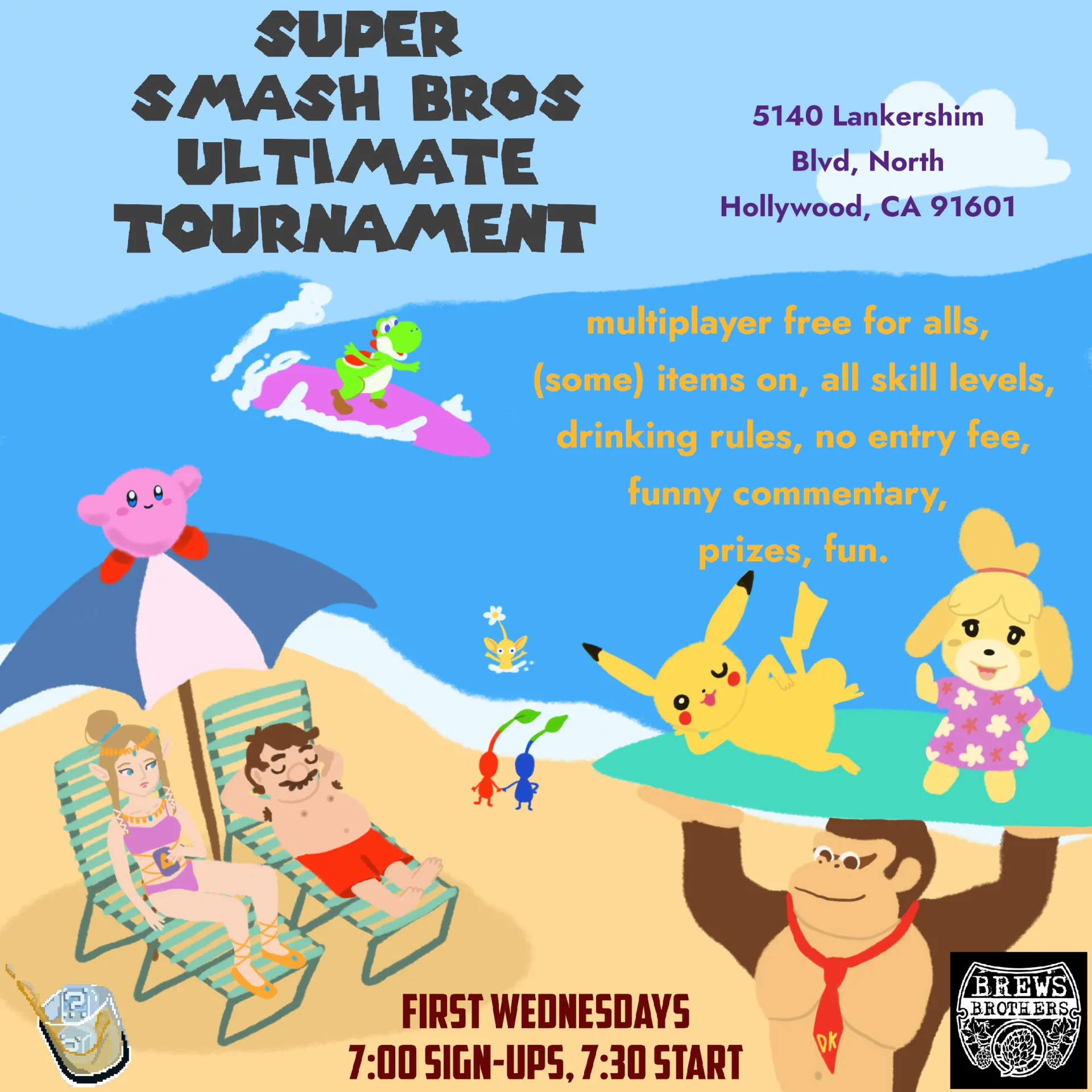Poster for freeSuper Smash Brothers tournament at Brews Brothers North Hollywood on August 3