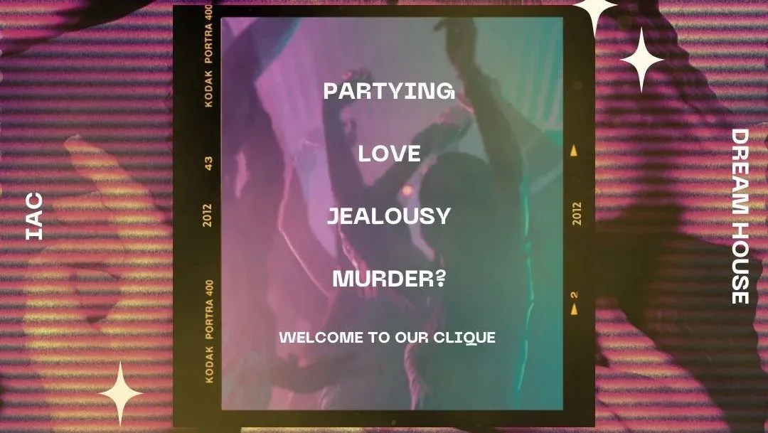 A polaroid of people dancing with the words "partying" "love" "jealousy" and "murder"