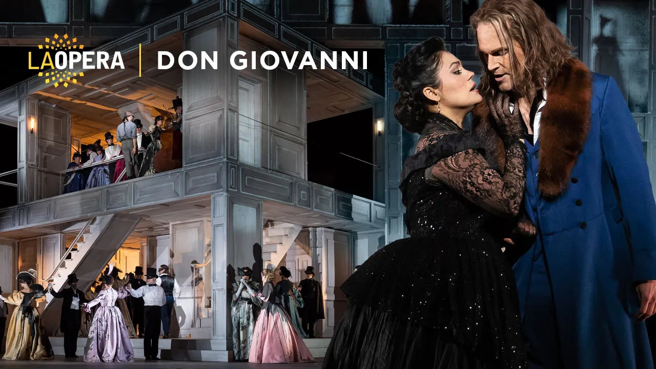 Man and woman embracing with stage set in background. Text reading LA Opera Don Giovanni