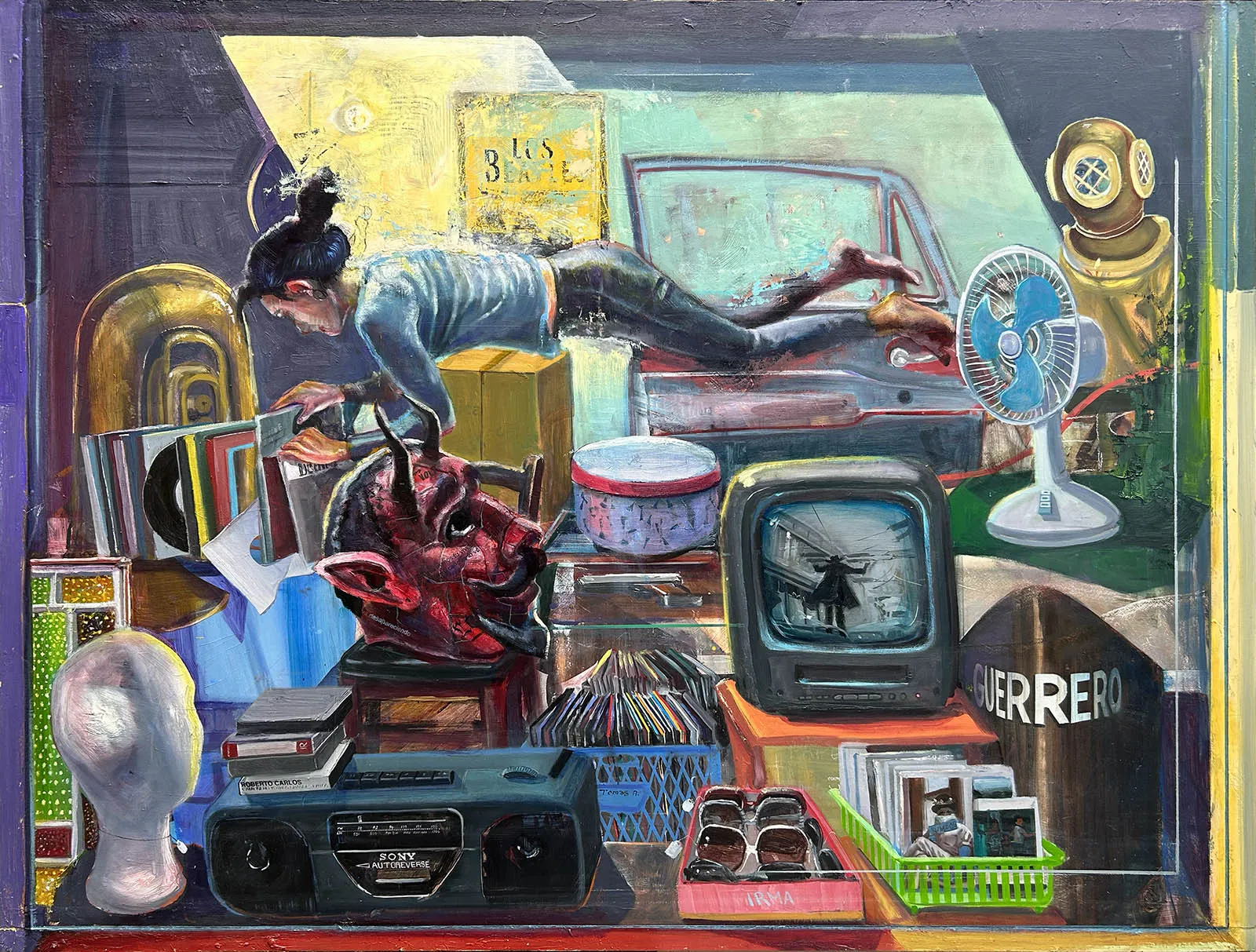A painted image that shows a person wearing jeans and a long sleeved T-shirt floating in a room full of objects. The floating person touches a stack of records.