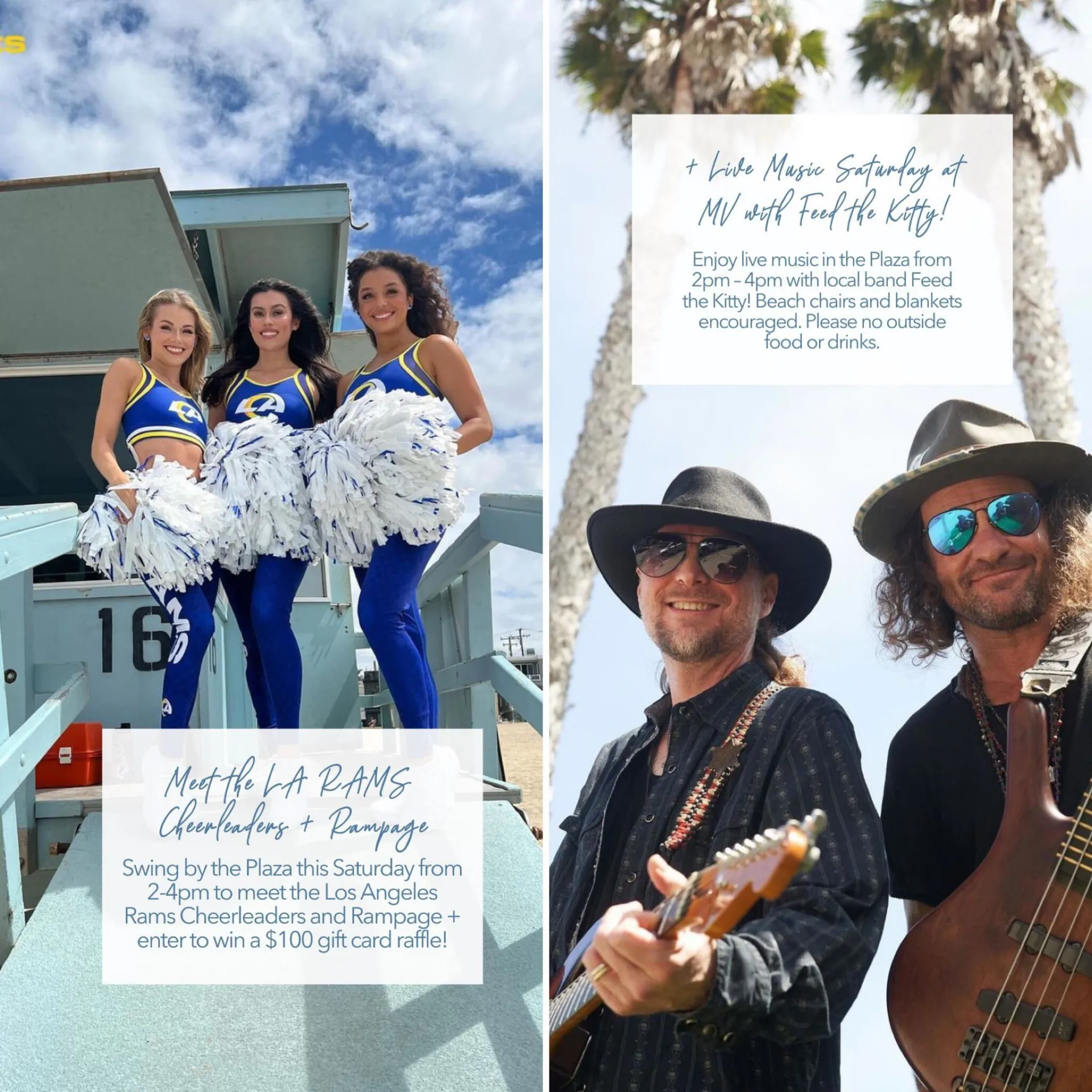 On the left, LA Rams cheerleaders at the beach with text below. On the right, Feed the Kitty band with text above.
