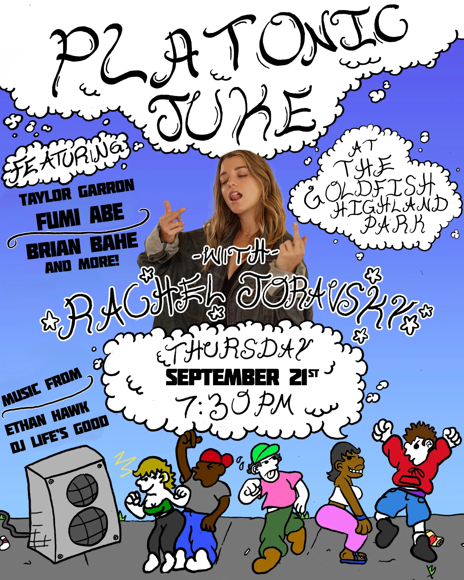 Poster for PLATONIC JUKE featuring a picture of Rachel Joravsky surrounded by a cartoon of a speaker playing music and people dancing. 
