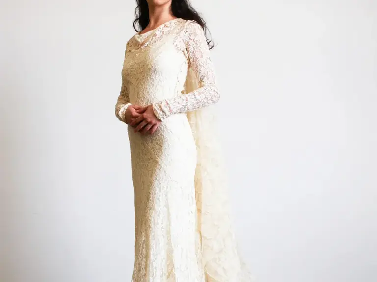 1930s Ecru Lace Bias Gown at Blossom Vintage