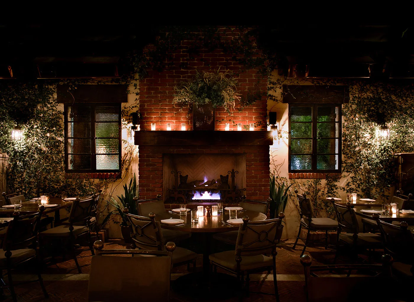 The patio and fireplace at a.o.c. Wine Bar