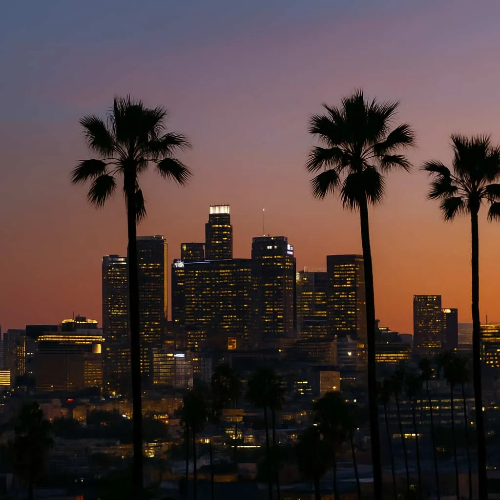 Los Angeles skyline at dusk behind silhouette of palm trees