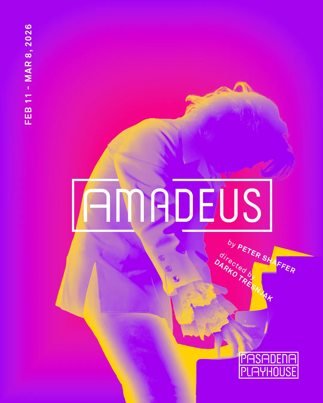 A bright pink and purple graphic of Mozart dramatically playing piano. TEXT: Amadeus by Peter Shaffer; directed by Darko Tresnjak; Feb 11 - Mar 8, 2026; Pasadena Playhouse