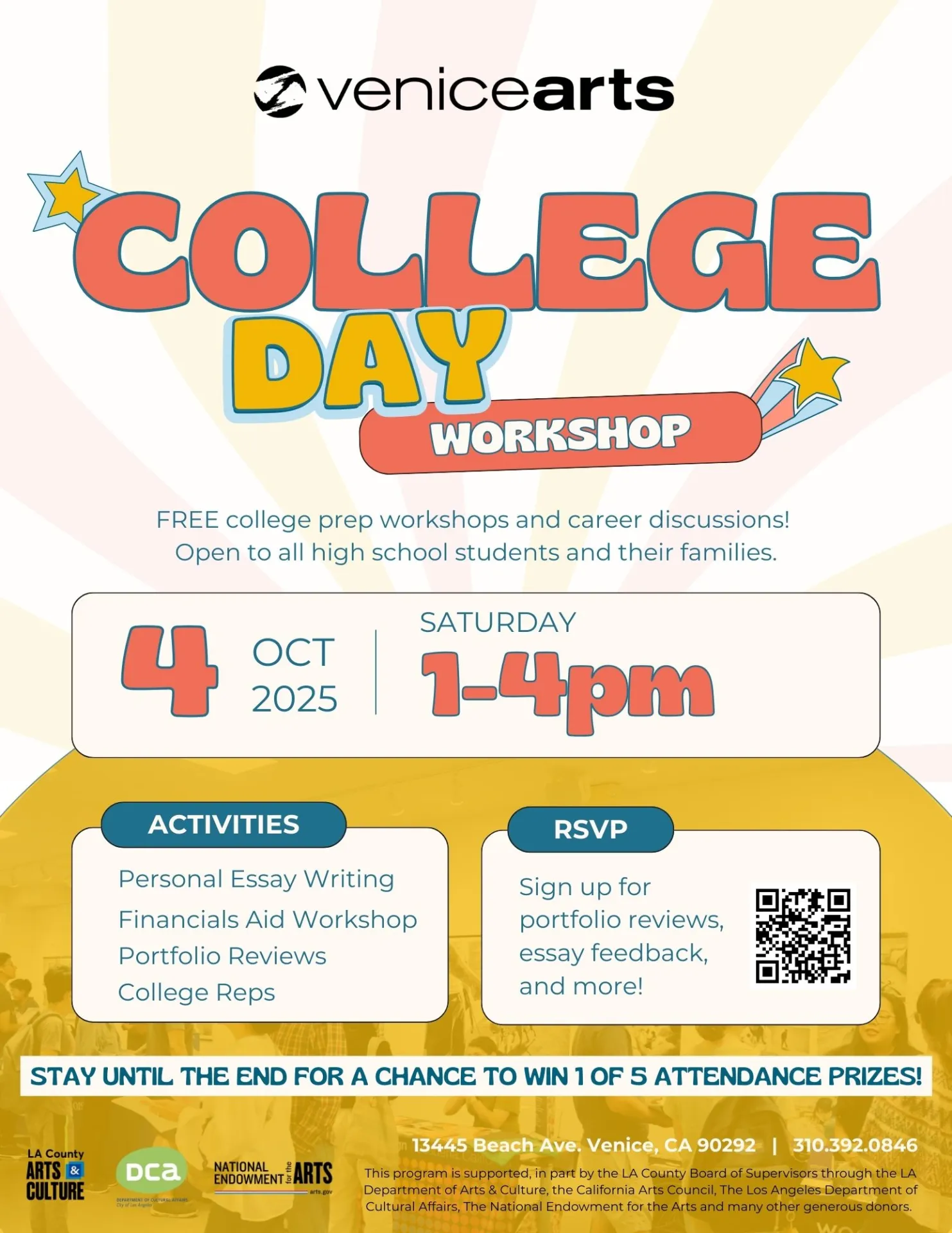 Gold and cream colored flier with large coral and yellow font that reads "College Day"; subtext that says FREE College Prep and Career Discussions on Saturday, October 4th at Venice Arts on 13445 Beach Avenue, Venice, CA. 