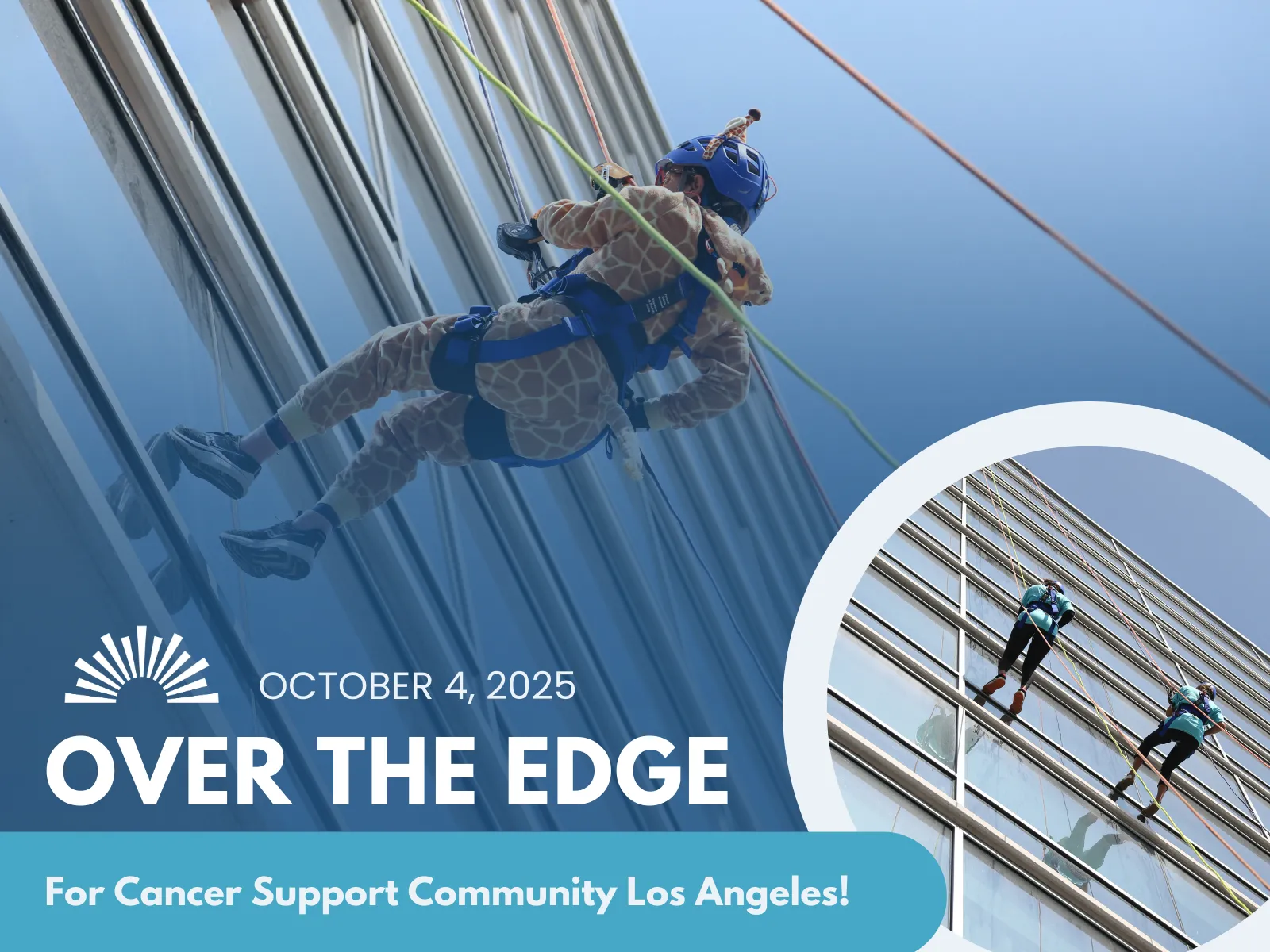 woman in giraffe costume rappelling a tall building with ropes and safety gear