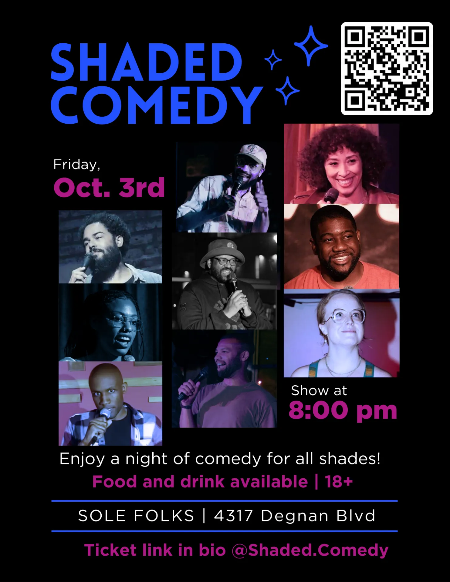 Flyer for Shaded Comedy, September 3rd, 8PM at Sole Folks!