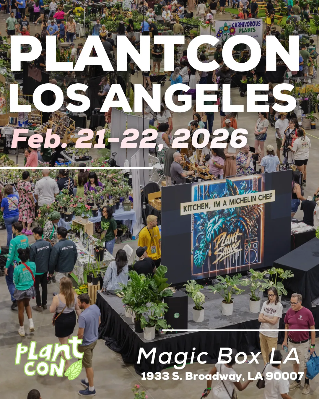 This is a flyer for PlantCon Los Angeles, taking place on February 21-22, 2026 at Magic Box LA.