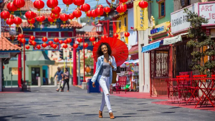 woman walking in Chinatown with umbrella