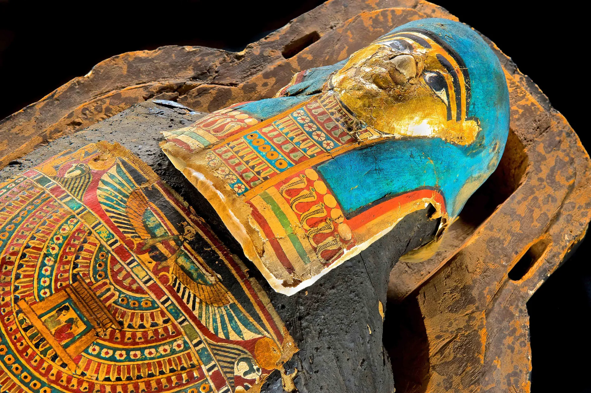 Mummified body and sarcophagus of ancient Egyptian priest Nes-Hor