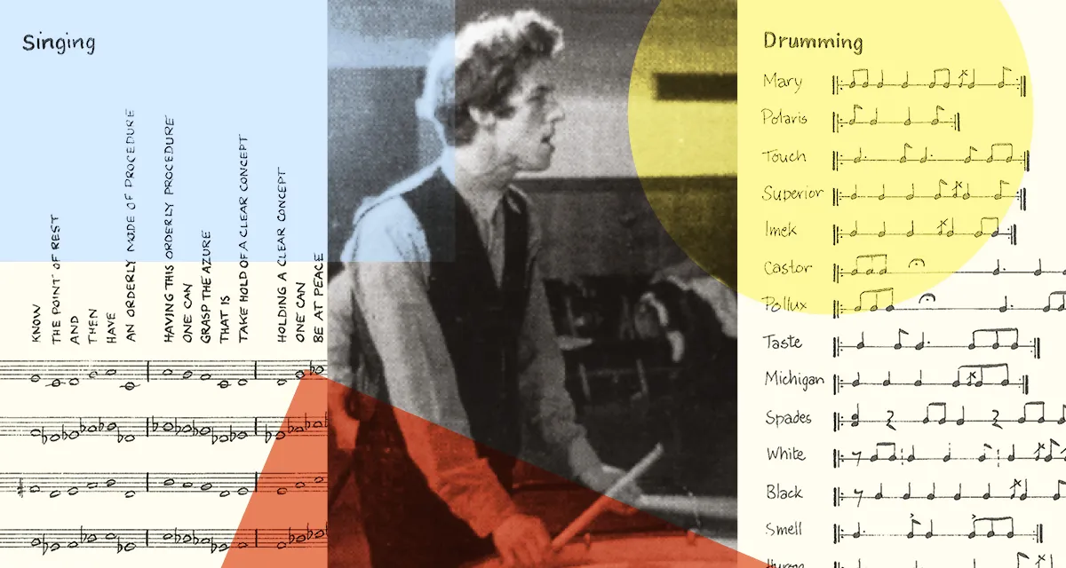 Composer Cornelius Cardew with graphics and the score of "The Great Learning" around him