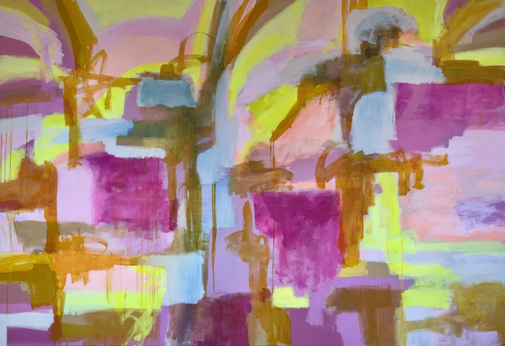 Vezna Andrews, two angels, 2025, ink, watercolor and acrylic on canvas, 64 x 94 in