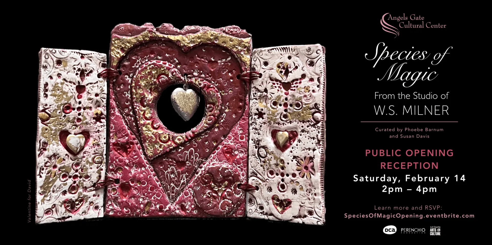 Pink and red three-panel Valentine reliquary sculpture with golden heart pendant by W.S. Milner