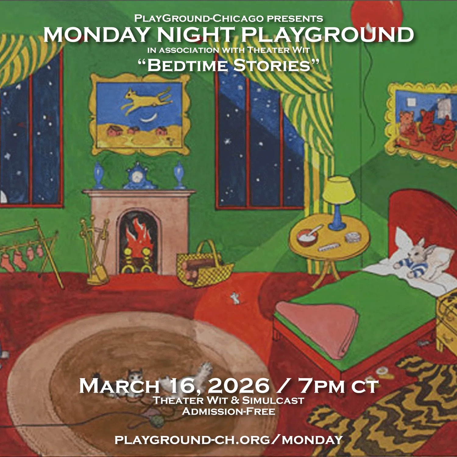 Promotion for MNP, a drawing of a bunny sleeping in a bedroom. Very colorful, reminiscint of a childrens book