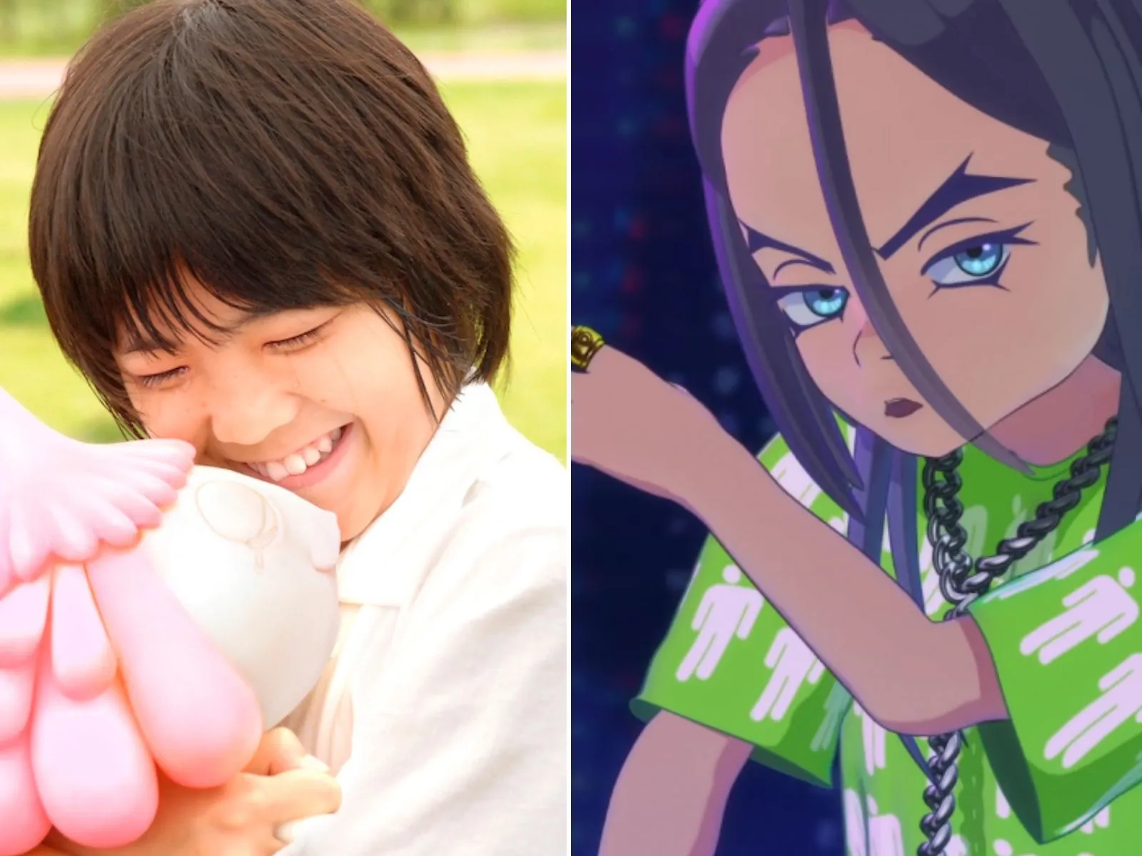 Stills from Takashi Murakami's "Jellyfish Eyes" and Billie Eilish's animated music video