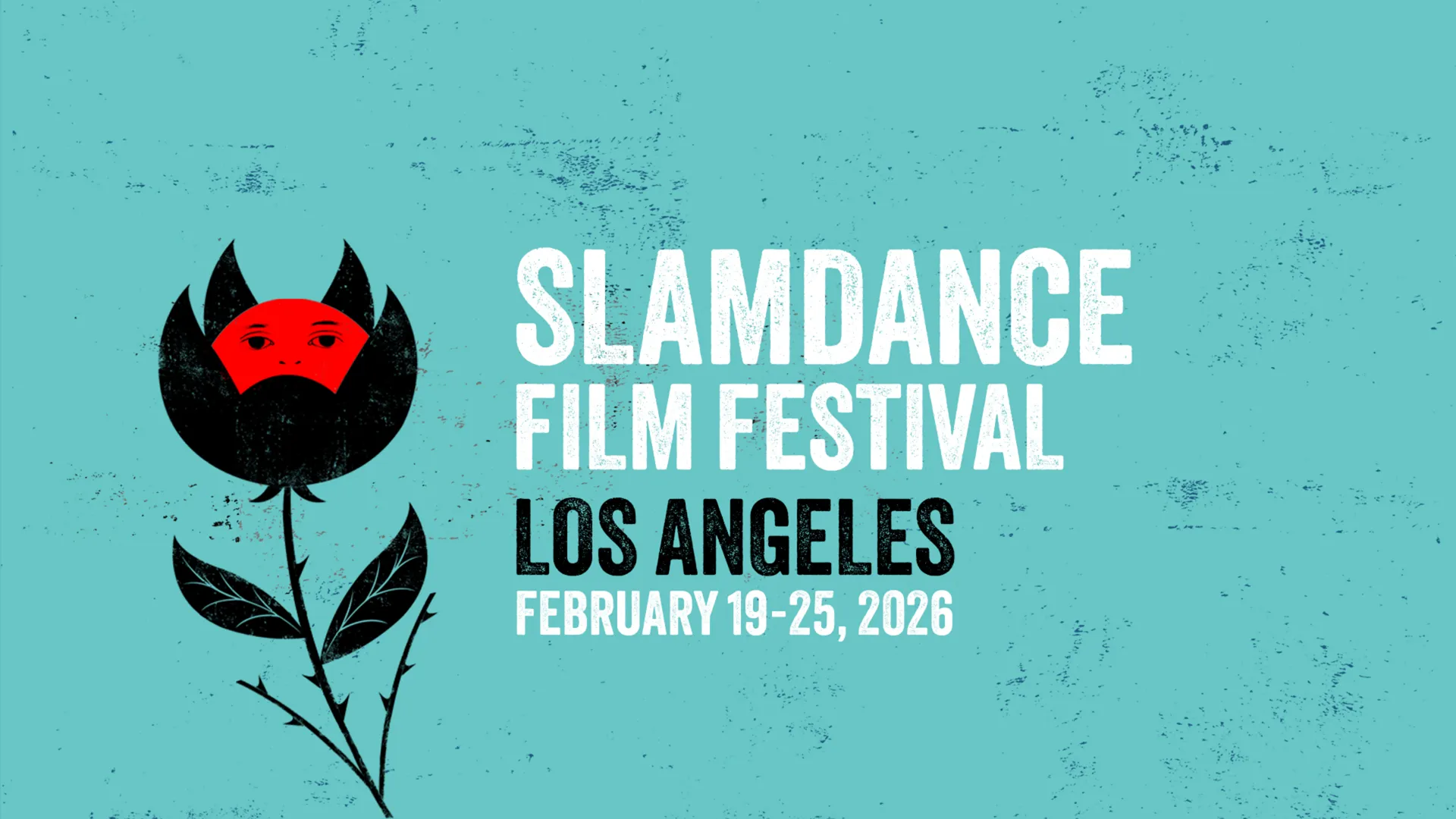 The 2026 Slamdance Film Festival key art – a black flowe – in front of a blue background.