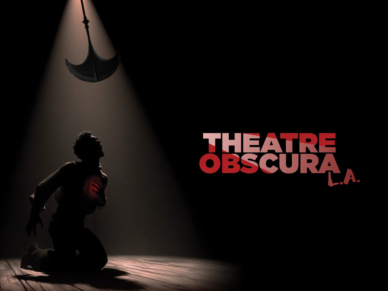 A dark stage, A man on his knees looks upward toward a single spotlight that washes over him and his heart glowing red in his chest