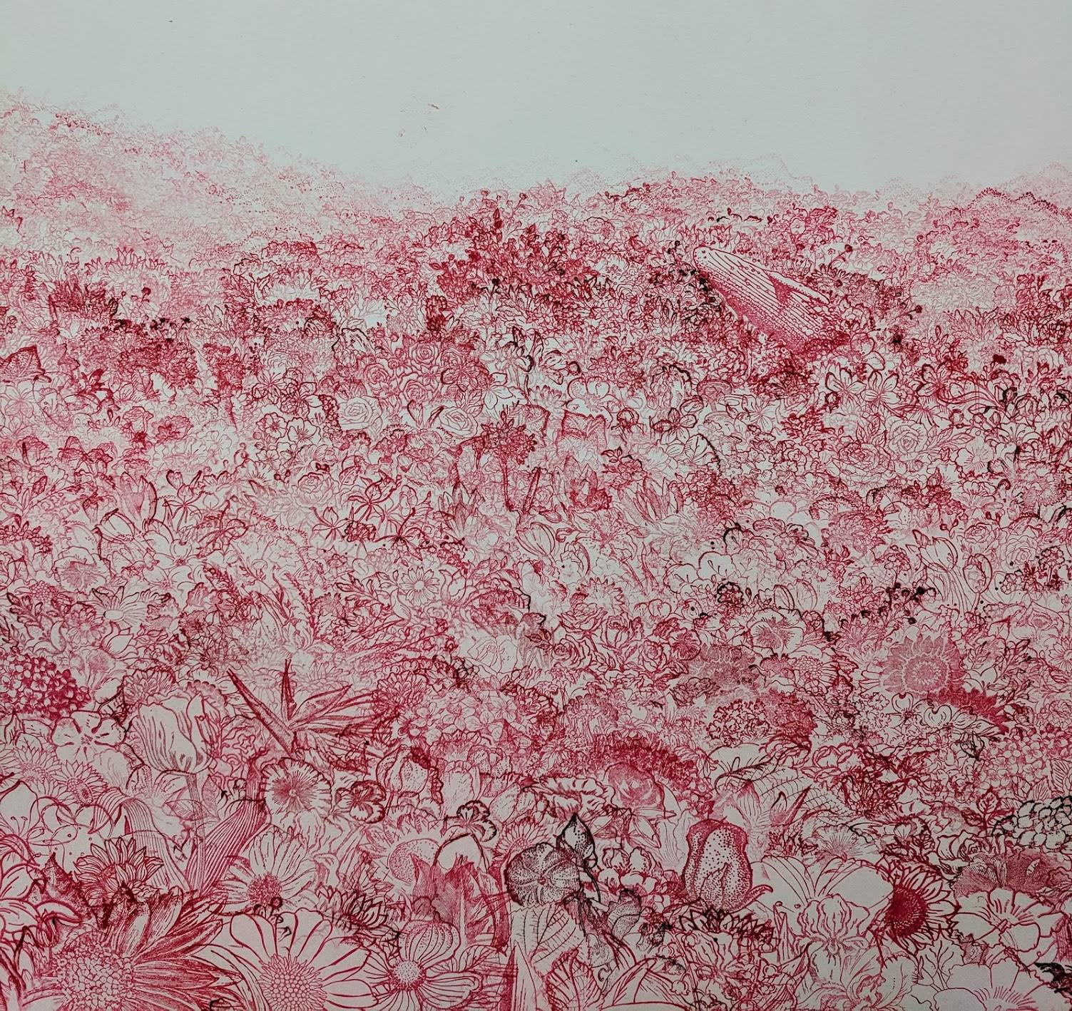 Stamped drawing full of flowers, done in red ink.