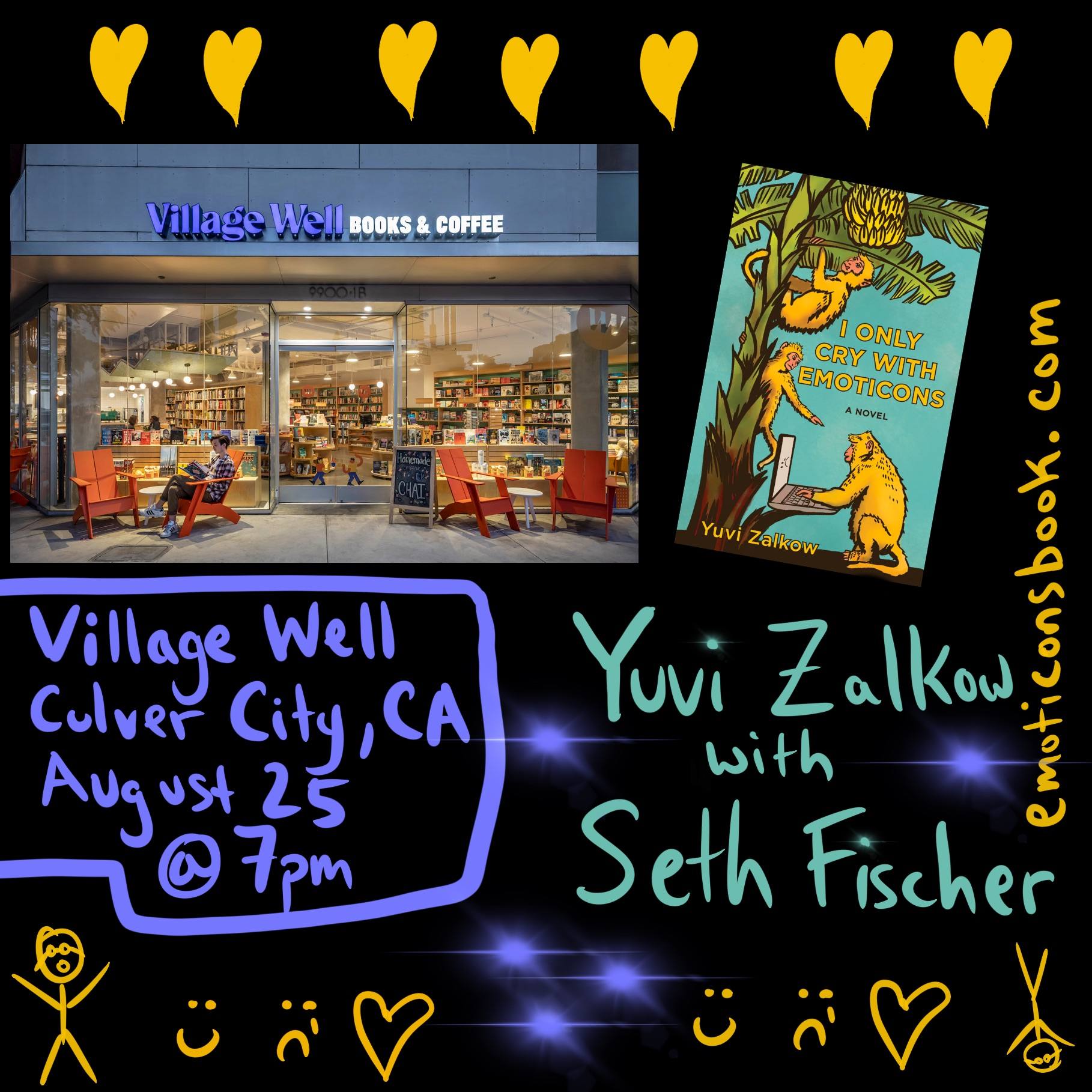 promotional graphic with the Village Well Books and Coffee storefront, handdrawn by Yuvi Zalkow promoting reading event August 25 at 7:00pm