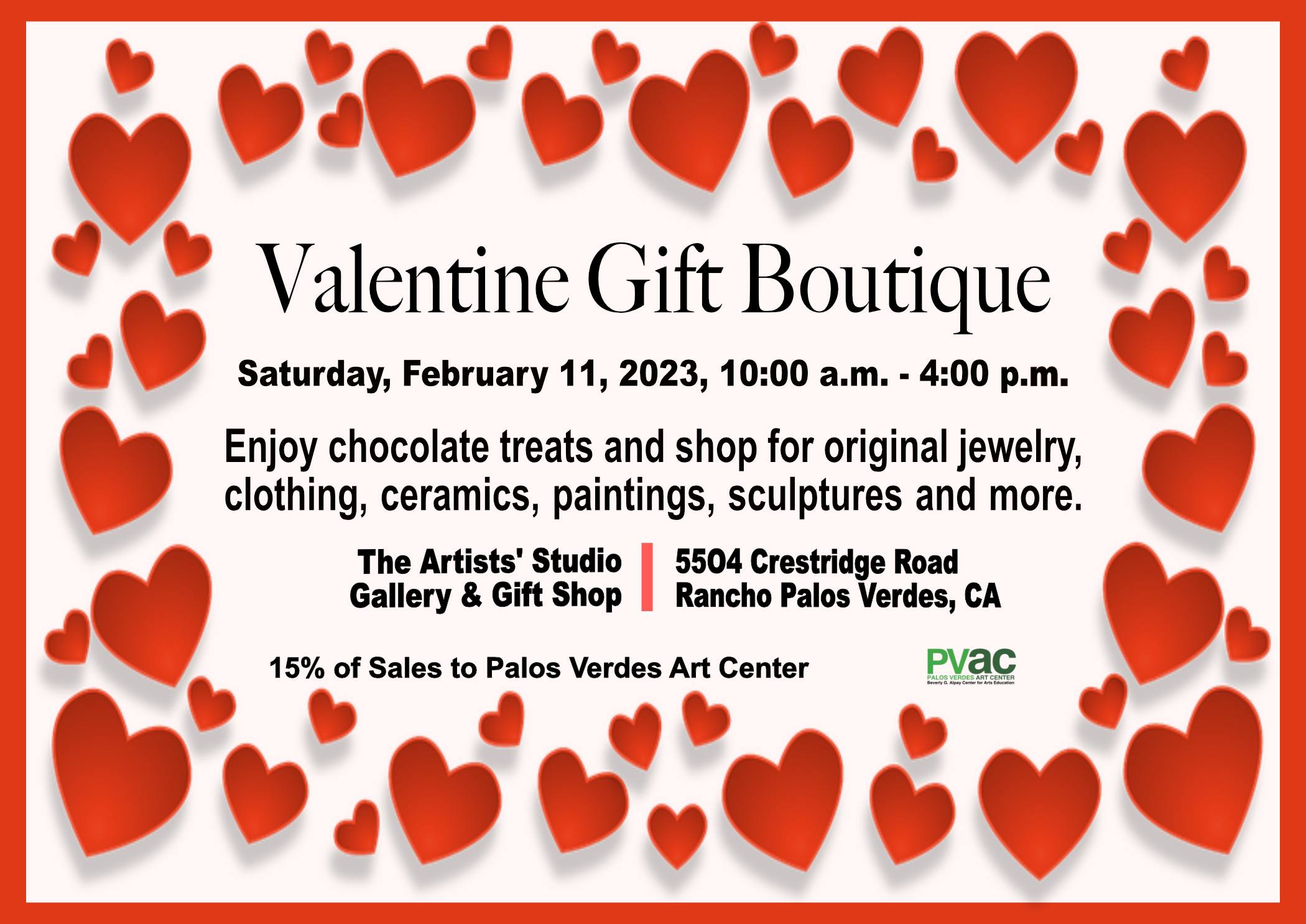 The jewelry artists will host an event in the The Artists' Studio Gallery and Gift Shop at the Palos Verdes Art Center on Saturday, February 11, 2023, 10:00 a.m - 4:00 p.m.  Jewelers will help clients select the perfect Valentine gifts and there will be chocolate.