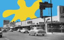 A 1954 black and white image of Sherman Way in Reseda with a big splash of blue and yellow in the background.