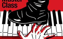 A boot stomping on a hand that is playing the piano, against a red background