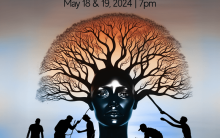 Graphic of a person with trees growing out of their head with the text "You Are Not Alone" "May 18 and 19 2024, 7 PM" "Tonality"