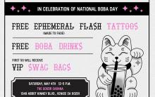 To celebrate National Boba Day, BOBABAM is hosting an "Ink + Drink" event at the goodr Cabana on Saturday, May 4 from noon - 5pm.