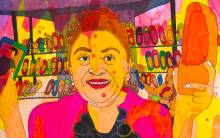 Painting of woman holding up a shoe in one hand and phone in the other. There is a rack of shoes and a woman holding a baby in the background. There are bright colors used and the painting style is very loose with paint drips and prominent line work