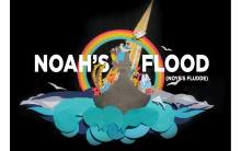 Art work of an ark filled with animals floating on the sea with a rainbow in the sky, Text reads: Noah's Flood (Noye's Fludde)