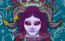 Image of a tiefling with red eyes and purple hair with a blue background and the text Reign Presented by Sketch by Sketkh 8 pm Thursday May second The Roguelike Tavern