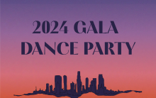 Flyer for the 2024 LAist Dance Party. Includes the Los Angeles building skyline. Image is purple on top and orange at the bottom.