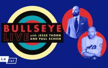 Flyer for Bullseye Live with Jesse Thorn and Paul Scheer. Flyer has blue background, with LAist logo on the bottom left in white.