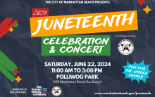 Black textured graphic showcasing the events information using Juneteenth color scheme: green, yellow, red.