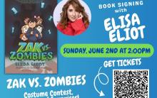 Event information for Zak VS Zombies Book signing at Barnes & Nobles at the Grove on June 2nd at 2pm. With QR code and book cover.